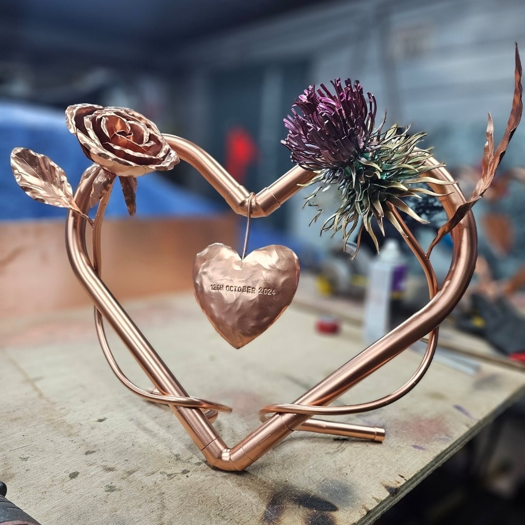 Rose and Thistle entwined with copper heart - Copper Hearts UK