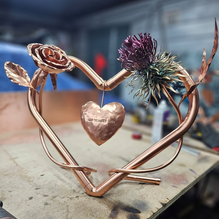 Rose and Thistle entwined with copper heart - Copper Hearts UK