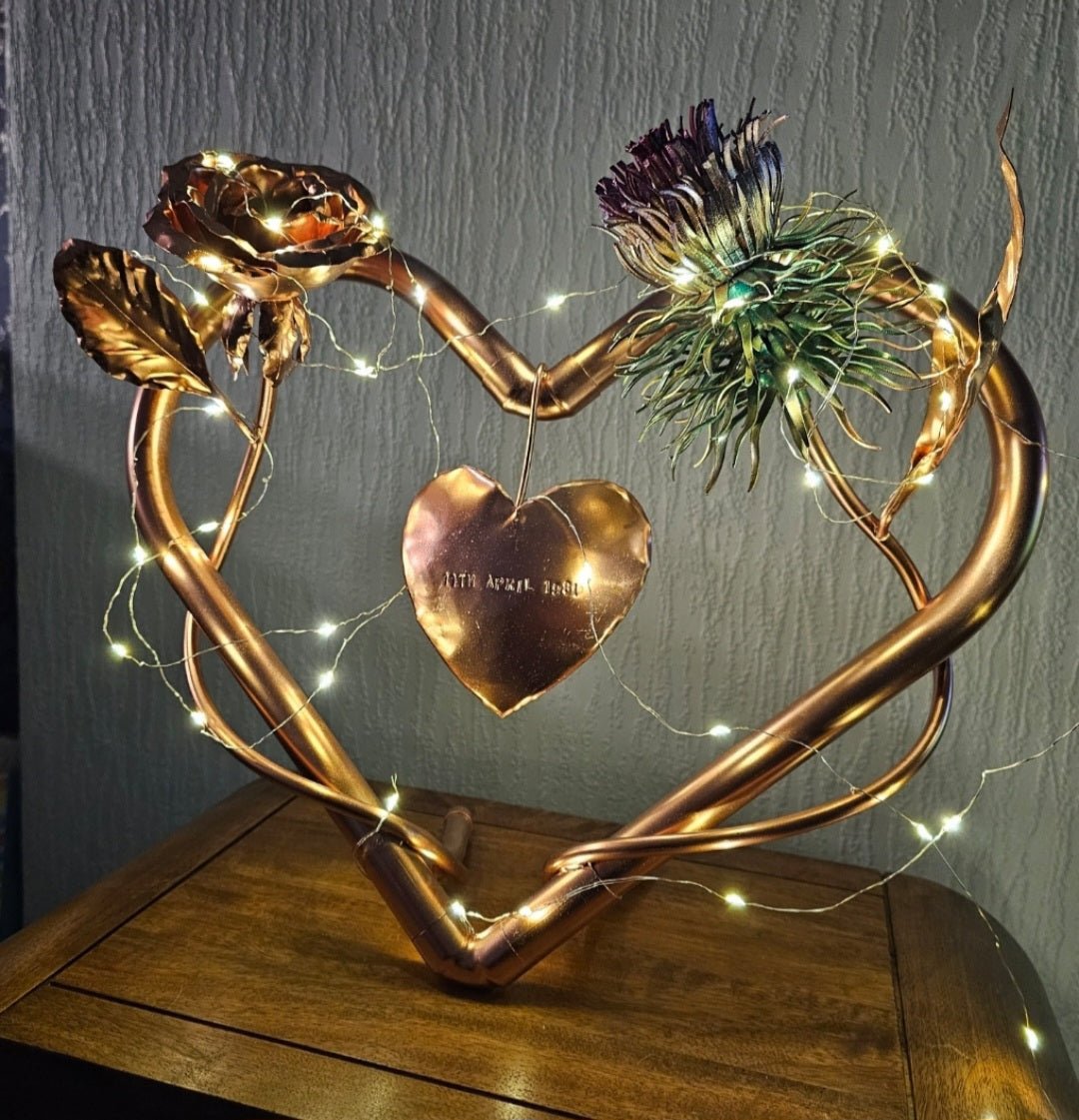 Rose and Thistle entwined with copper heart - Copper Hearts UK