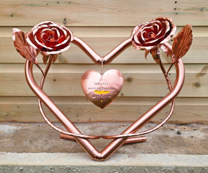 Twin Roses entwined with copper heart - Copper Hearts UK