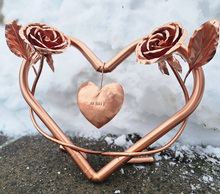 Twin Roses entwined with copper heart - Copper Hearts UK