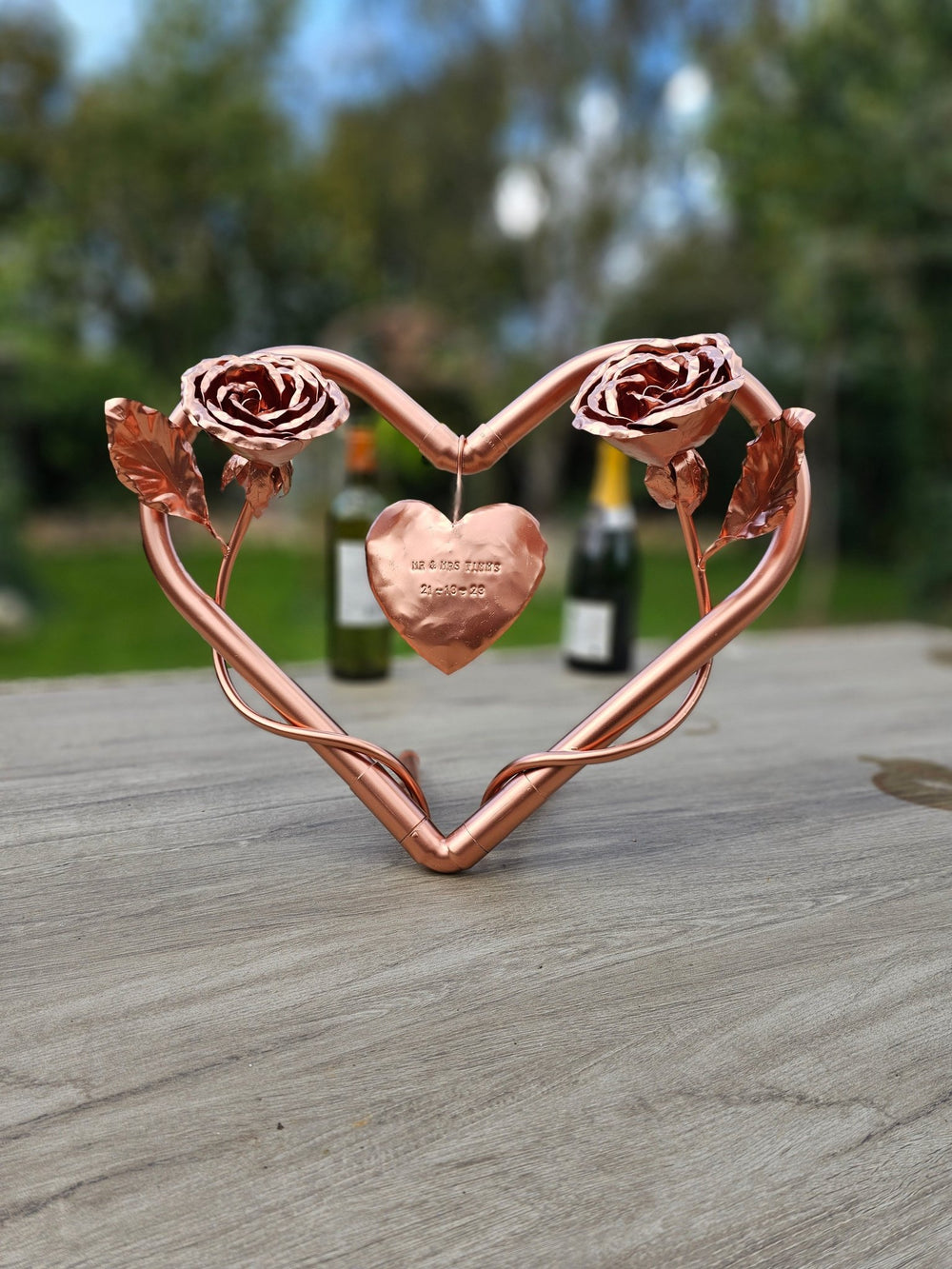 Twin Roses entwined with copper heart - Copper Hearts UK