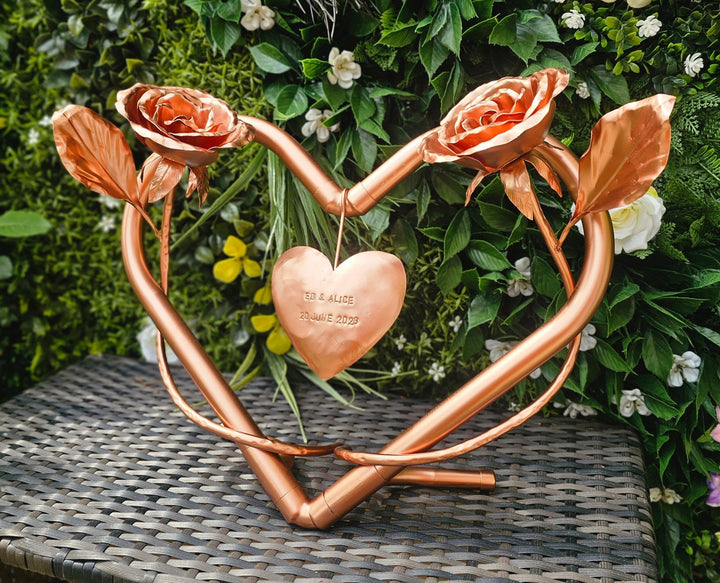 Twin Roses entwined with copper heart - Copper Hearts UK